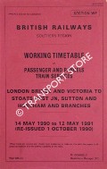 Working Timetable of Passenger and Parcels train services - Section WF - London Bridge and Victoria to Stoats Nest Jn., Sutton and Horsham and branches, 14 May 1990 to 12 May 1991 (re-issued 1 October 1990) by British Railways Southern Region